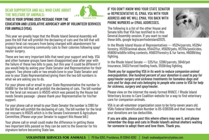 Spring 2025 message from VSA regarding Rhode Island animal welfare legislation